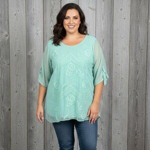 Ali Miles Mint Blue Floral Embroidered Crinkle Top Boho Plus Size 1X